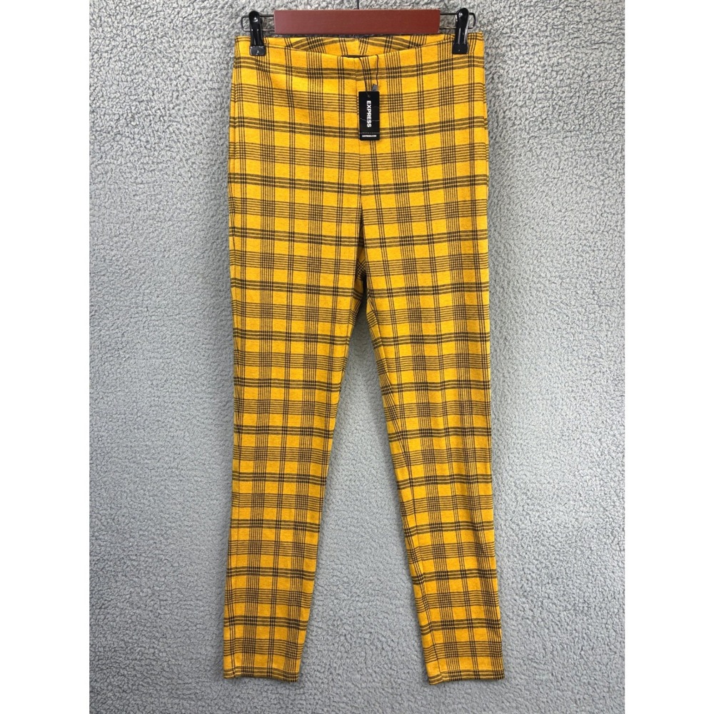 Express Plaid Skinny Leggings Pants Womens S Yellow Black Stretch Casual NWT